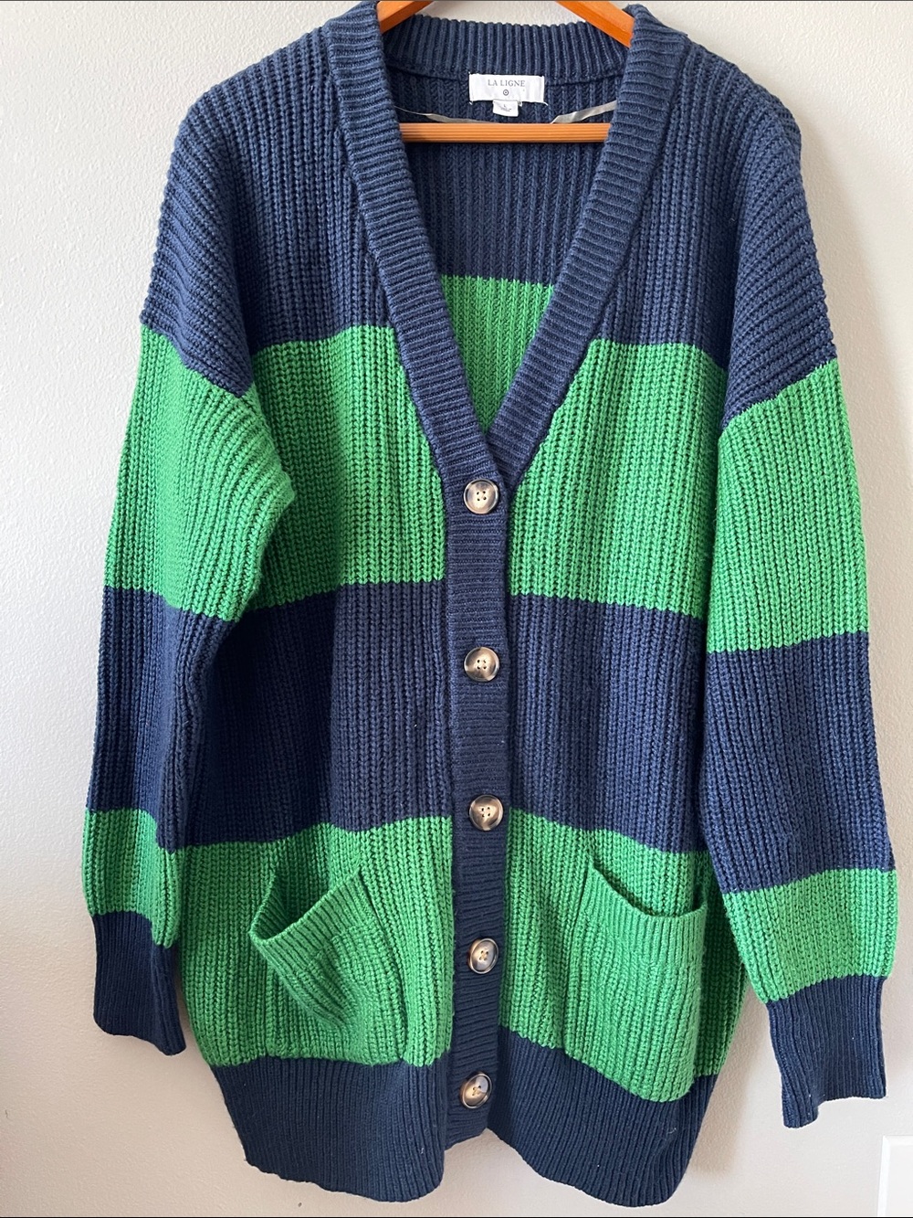 La Ligne Navy & Green Wide-Stripe Ribbed Cardigan